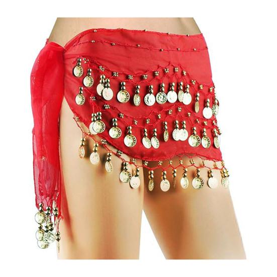 Belly Dance Hip Scarf Women Waist Scarf Belly Dance Skirt with 98 Golden Coins Knot Tying Hip Wrap for Dance Training Performance Beach Wear