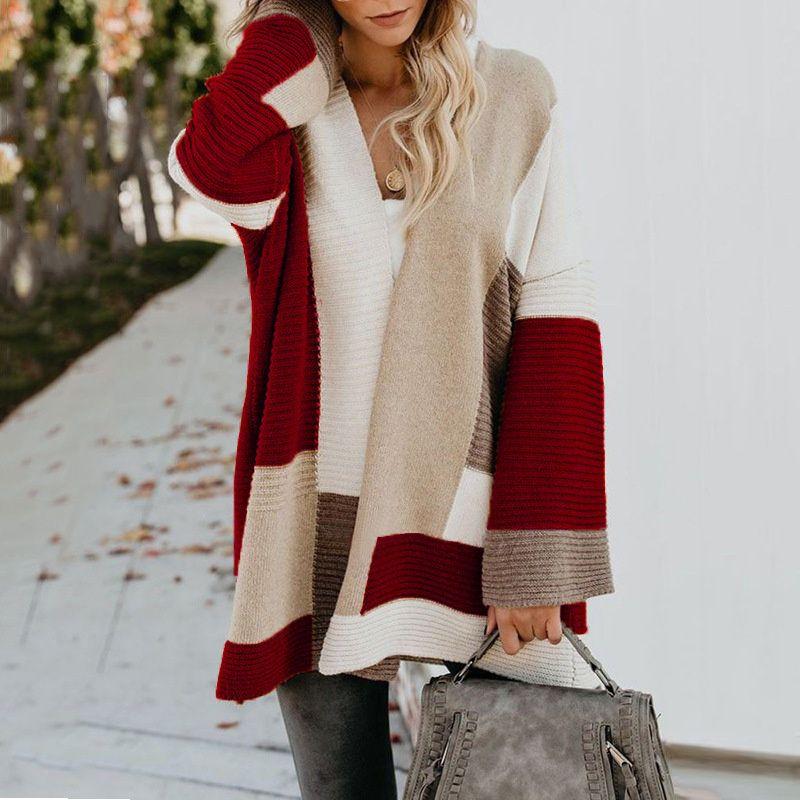 

Fashion Women Sweater Ladies Tops Fall/Winter Plus size Loose Color Matching Sweater Cardigan Women Burgundy 2XL