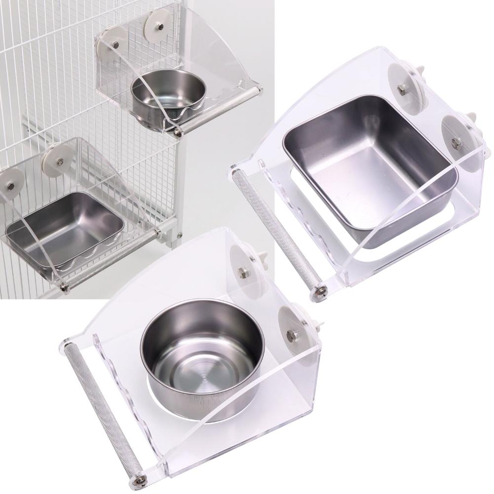 Stainless Steel And Acrylic Bird Feeding Bowl For Splash Guard & Chew-Proof Acrylic Cage Mounted Bird Feeder Food Container