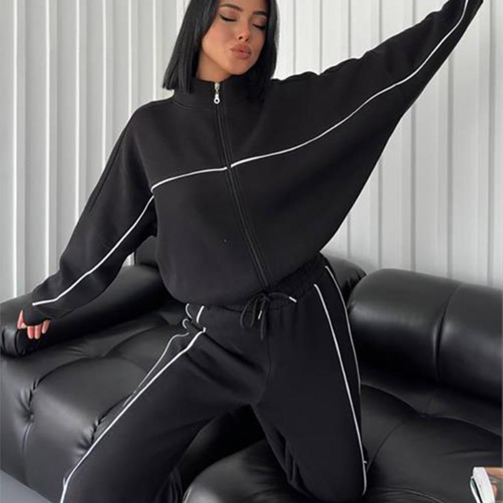 Women's 2-Piece Casual Sports Suit: Long-Sleeve Half-Turtleneck Cardigan Sweater + Lace-Up Striped Pants