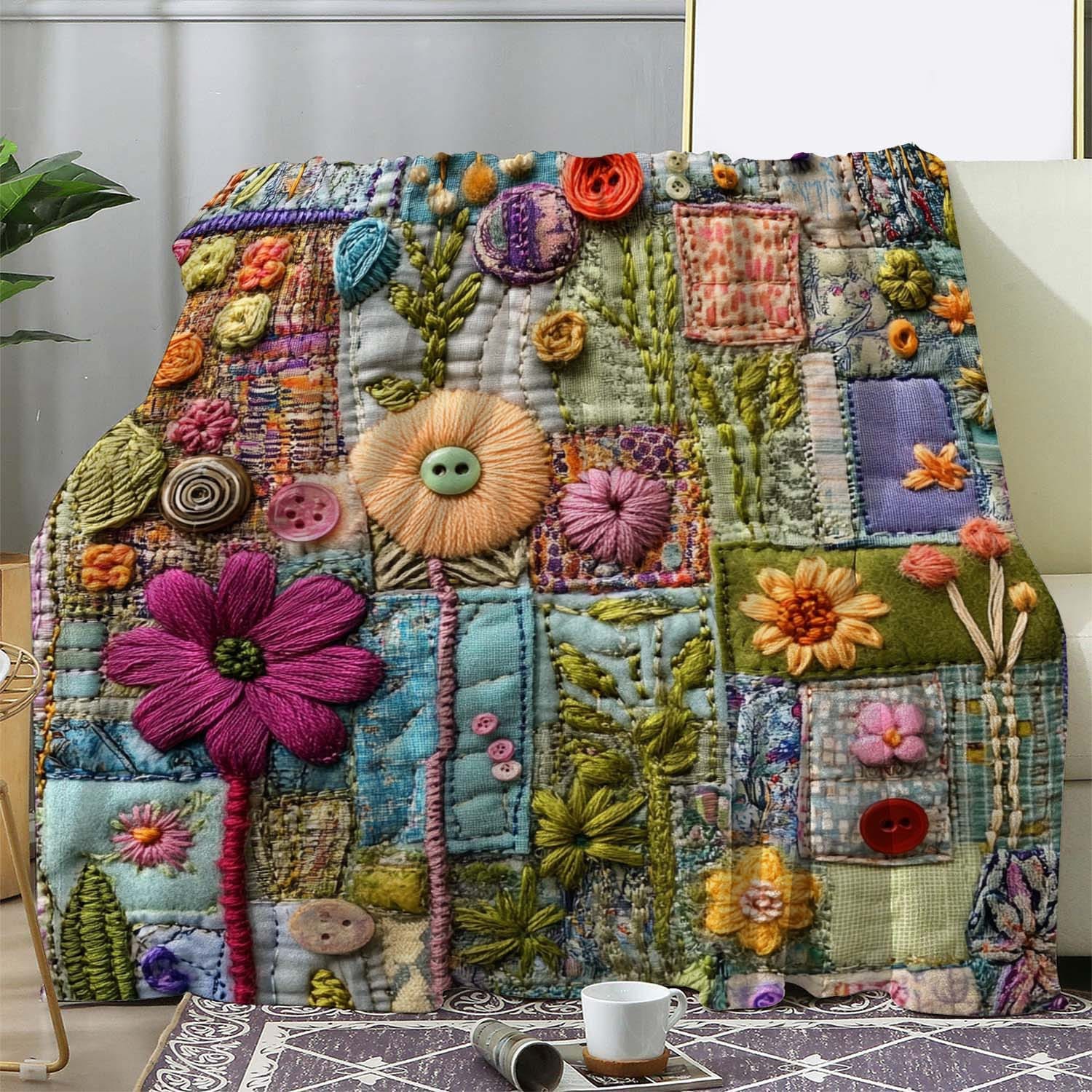 Shunika Chen Unisex Vintage Patchwork Floral Stitched Throw Blanket,Soft Comfortable Cozy Flannel Fleece,For Sofa, Bed,Office, Camping,Travel-300Gms