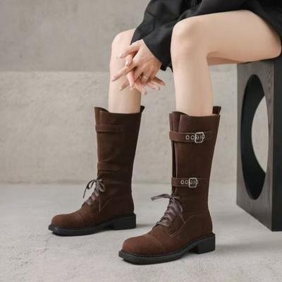 Botas Largas Gruesas para Mujer Diseñador con Cordones Zapatos de Tacón de Invierno 2025 Moda Botas de Motocicleta Nueva Tendencia Marca Caminar Mujer Botas