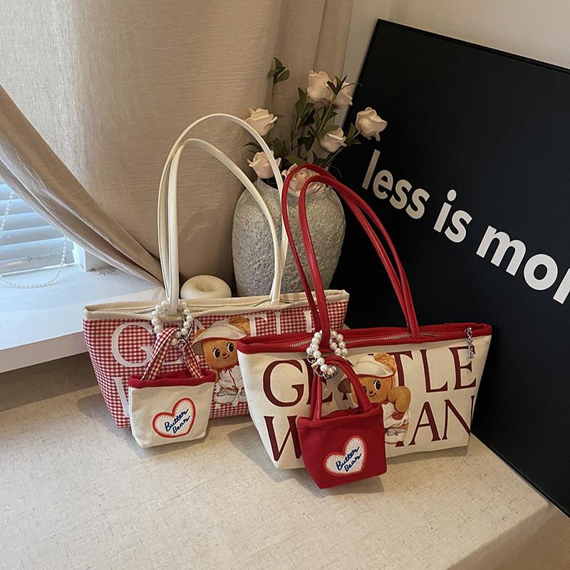 Small Bear Letter Bag Women Large Canvas Casual Commuting Bag For School And Work