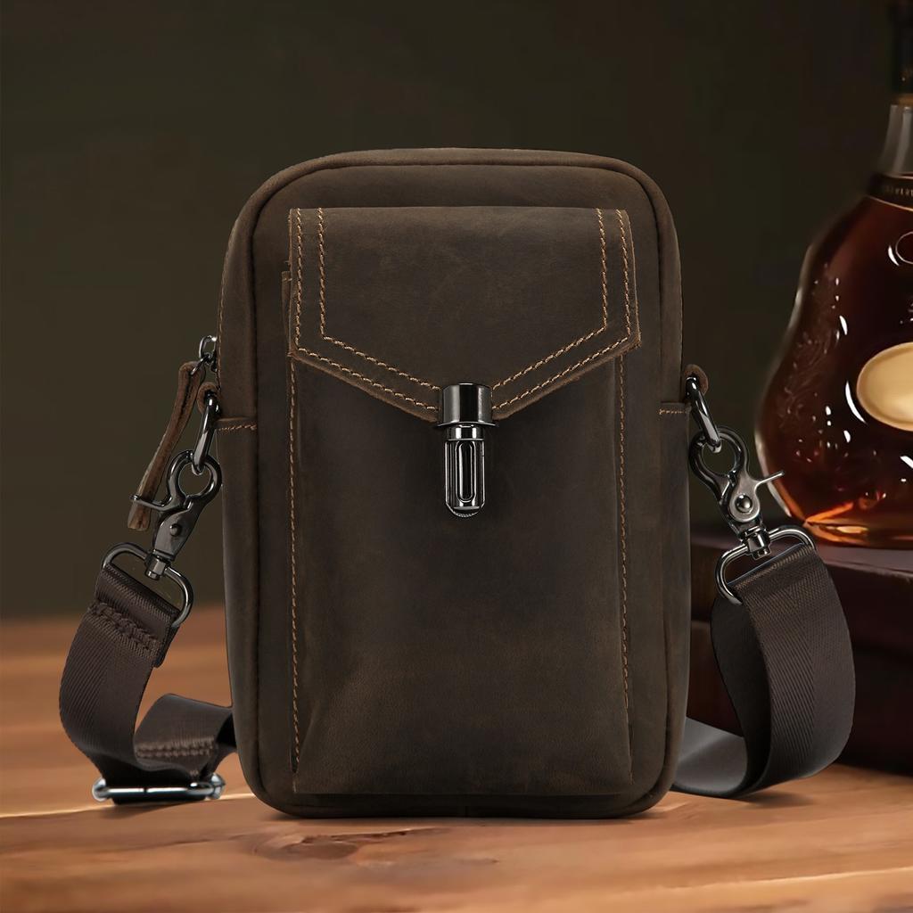 Men's Crossbody Bag, Commuter Genuine Leather, Men's Bag, Outdoor Mobile Phone Bag, Sports Waist Bag
