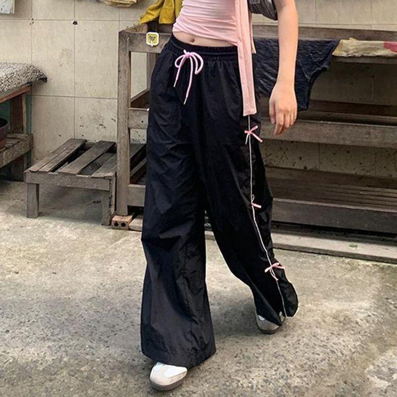 Women's Summer American Y2K Bow Side Stripe Design Lounge Pants - Straight Loose Flared Dance Trousers for Slimming Look