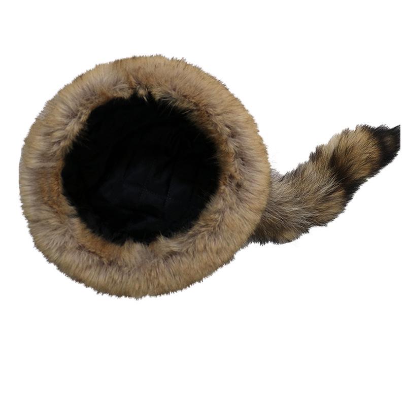 Women's Striped Raccoon Tail Faux Fur Hat - Fluffy, Warm, Ear Protection for Autumn/Winter