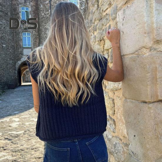 Women Sweater Vest V-neck Sleeveless Button Down Cardigan with Pockets Solid Color Loose Fit Crochet Knit Tops