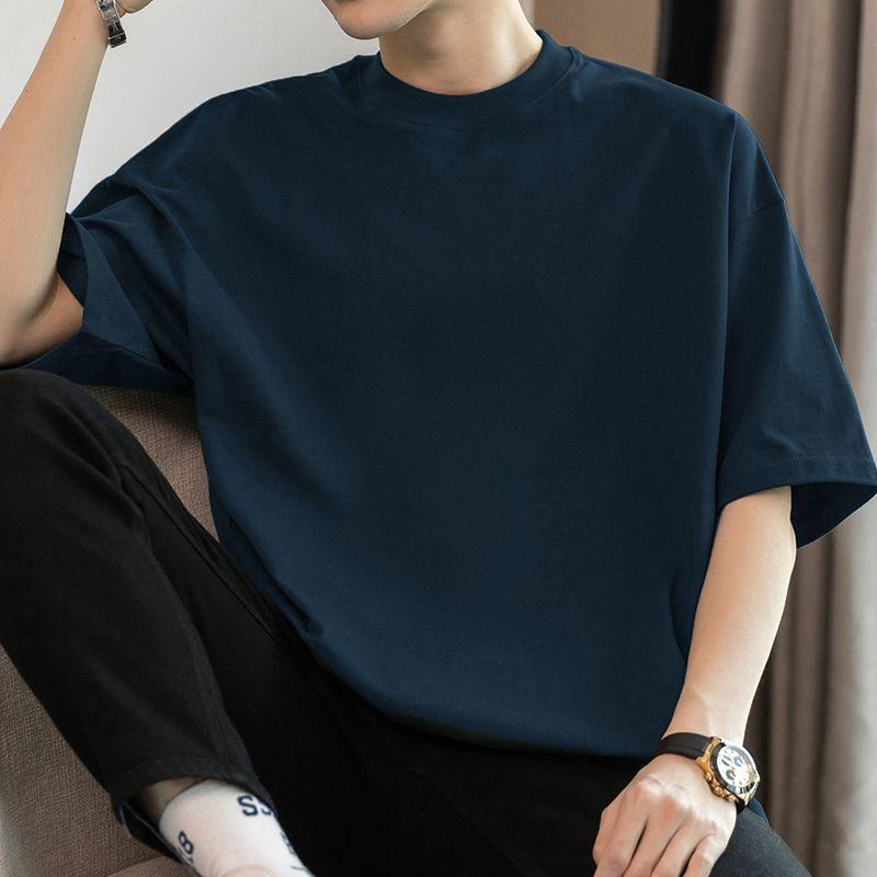 American Heavy Short-sleeved T-shirt Men's Round Neck Summer Solid Color Trendy Loose Half-sleeved Base Shirt