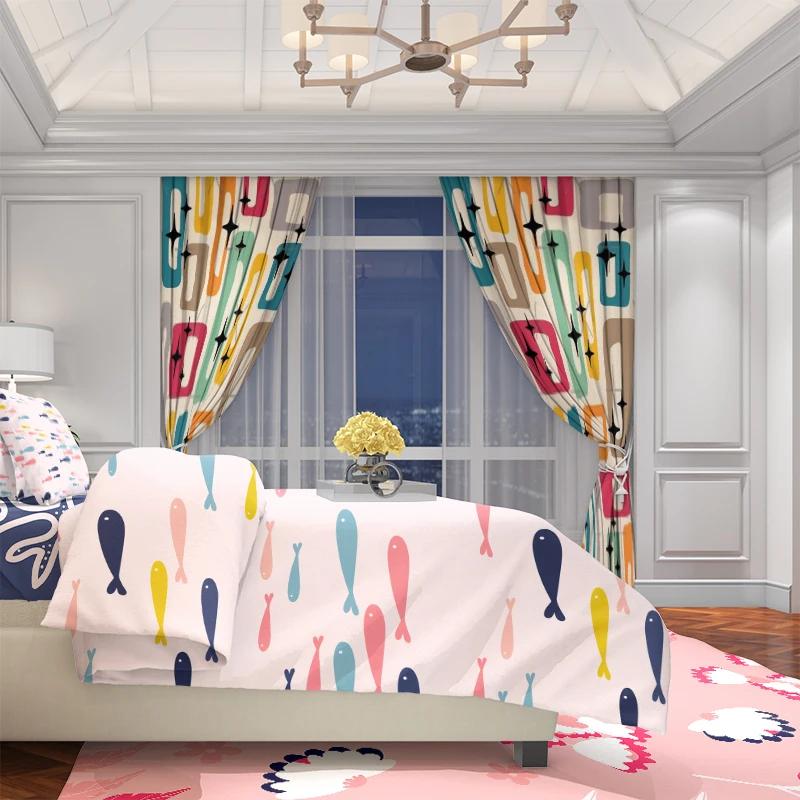 2pcs Retro Geometric Star Printed Curtains, Designed for Light Filtering, Quality Material, Ideal for Mid-Century Modern Home Wi
