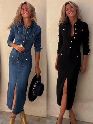 Vestido Jeans Maxi Casual de Manga Longa com Vários Botões