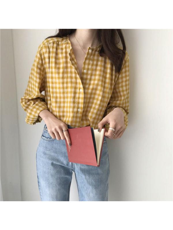 

Осенняя свободная милая рубашка в клетку с круглым вырезом One Size жёлтый