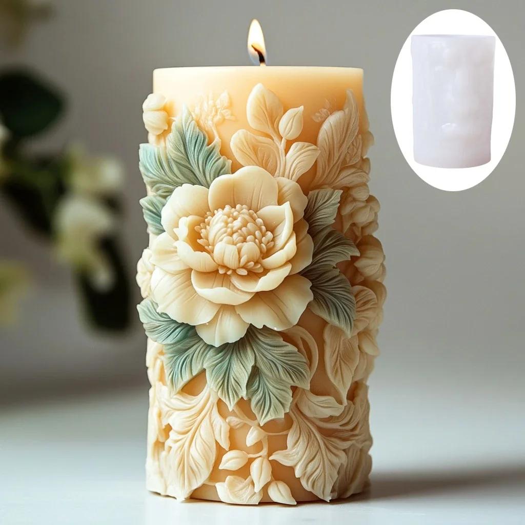 Blooming Flower Bud Relief Cylindrical Candle Silicone Mold Peony Leaf Relief Resin Mould Lily Rose Flower Relief Gypsum Molds