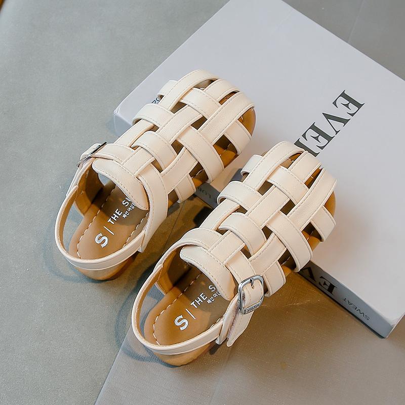 Girls Sandals Soild Color Versatile Kids Princess Shoes Weave Trend 2025 Summer New Children Beach Shoes Hollowed-out Breathable