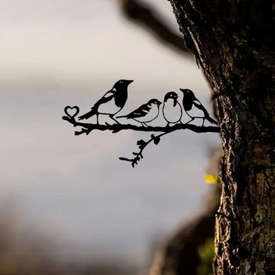 Four Birds On Branch Steel Silhouette Metal Wall Art for Home, Garden, Yard, and Patio. Perfect Outdoor Statue Stake Decoration