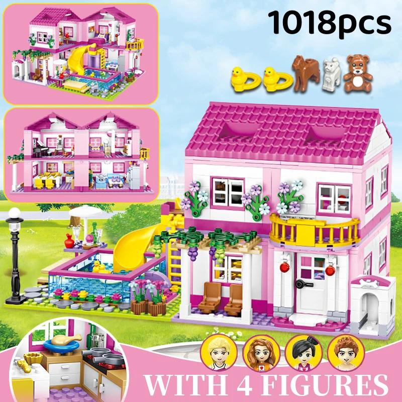 1018 Teile Stadt 1 Ändere 3 Sommer Doppelstöckiges Villenhaus Rutsche Bausteine Freunde DIY Garten Weihnachten Geburtstagsgeschenke