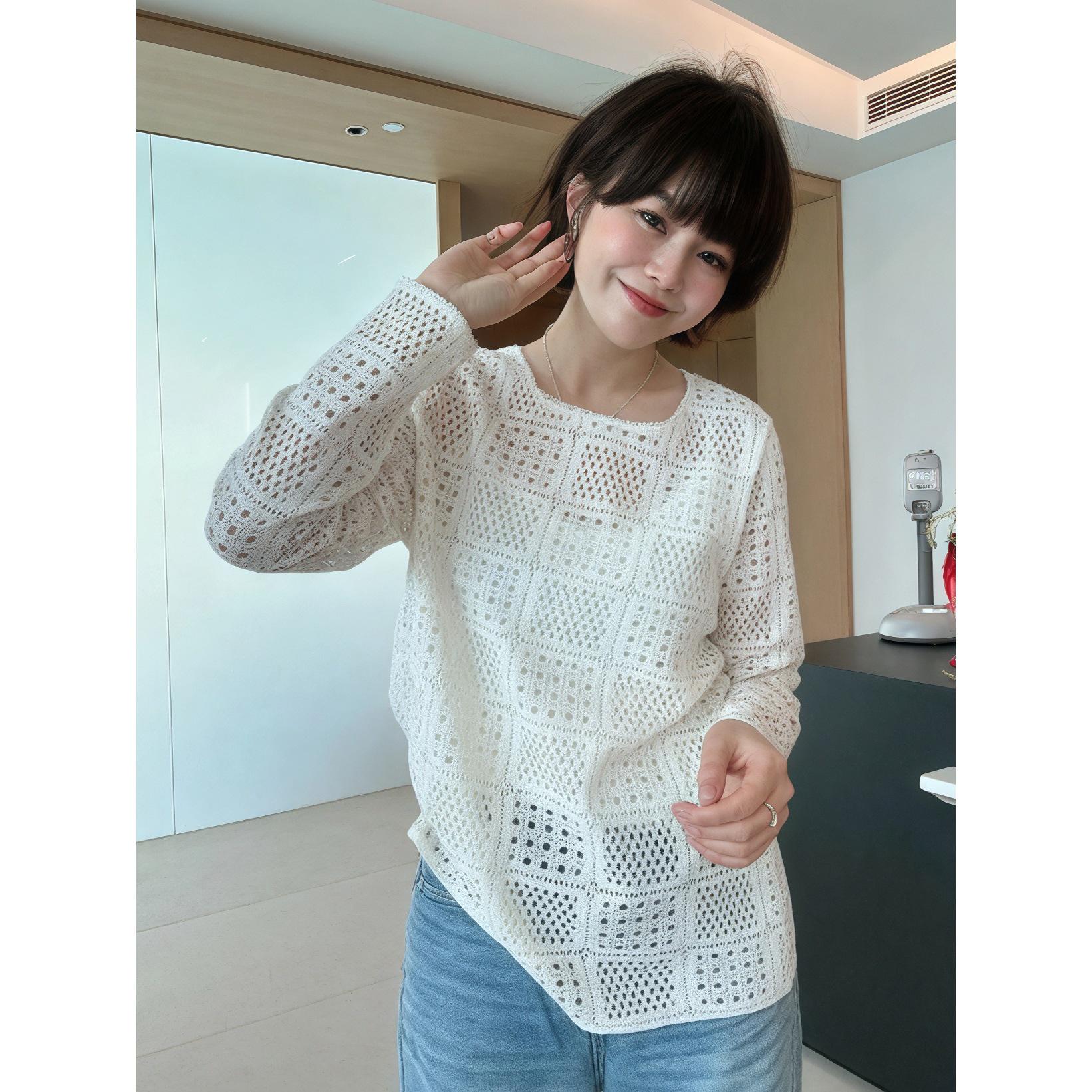 

2025 Spring Korean Style Women s Versatile Crochet Knitwear - Loose Round Neck Long Sleeve Cover-Up Large