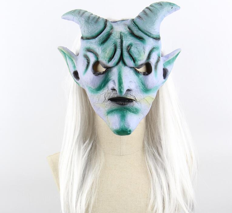

Косплей Хэллоуин Костюм Партии Маски Страшные Забавные Серебряные Рога Король Призрачная Маска с Длинным Париком Дом с Привидениями для Хэллоуина небесно-голубой