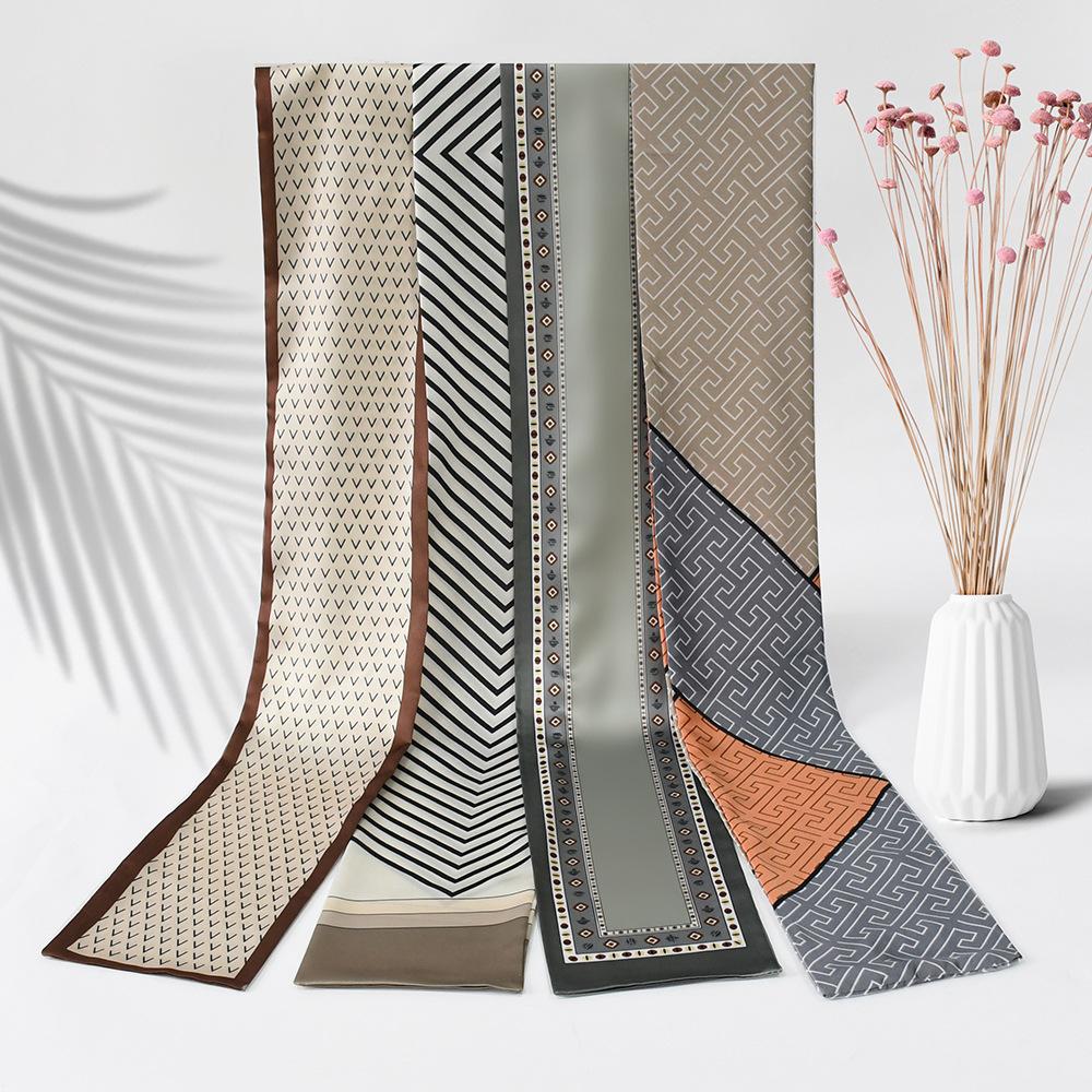 Ladies' Fashion Versatile Striped Carriage Irregular Satin Long Scarf Silk Scarf Premium Double Layer Narrow Long Scarf