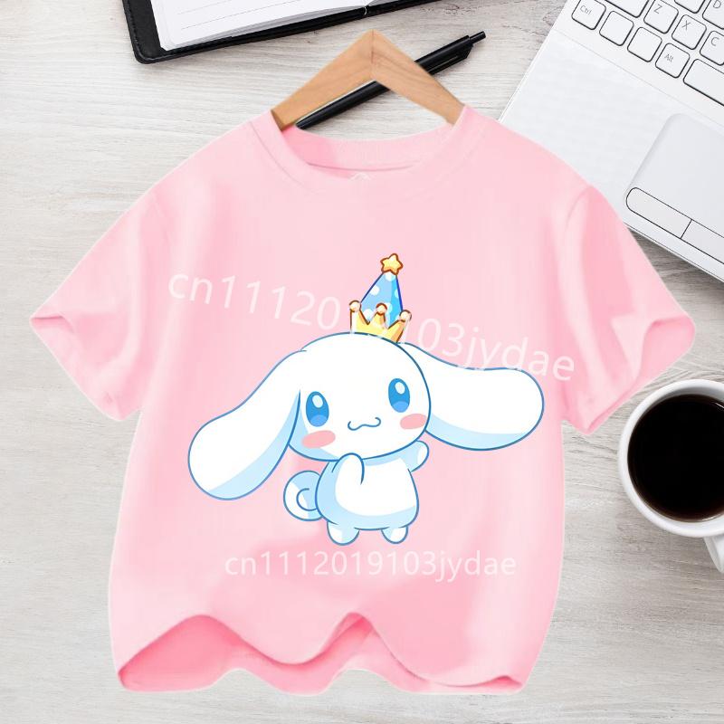 2026 Summer Casual Clothes Kawaii Gift Cute Cinnamoroll Girl Tshirt Cotton Anime Print Tee Shirt Kids Short Sleeve Streetwear 100