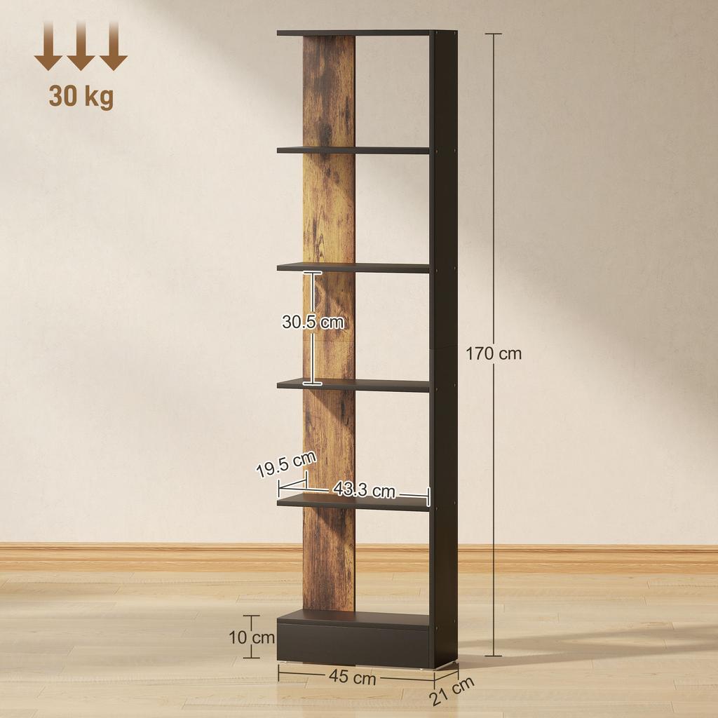 Modern Space-Saving 5-Shelf Bookcase in Wood 45x21x170 cm, Brown and Black