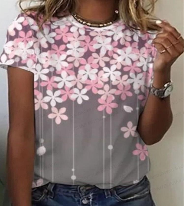 Summer women's T-shirt flower 3D printed T-shirt women's fashionable short sleeved T-shirt flower top Harajuku T-shirt bird
