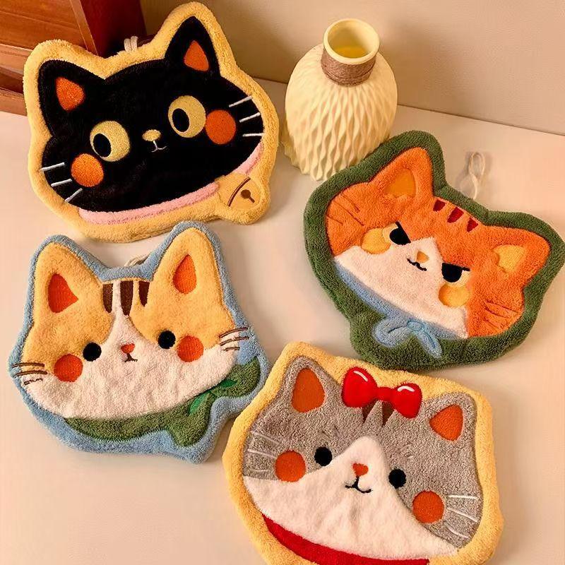 Cute Round Cartoon Cat Hand Towel - Quick-Drying, Absorbent for Kitchen, Bedroom, Office, and Wall Hanging.