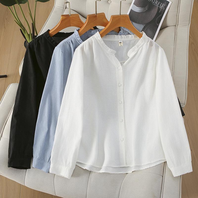 

Plus Size 200 Jin Wood Ear Collar Blouse - 2025 Autumn Long Sleeve Slimming Top XXL білий