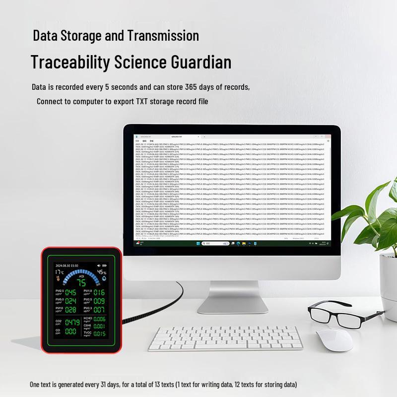 18-in-1 Air Quality Detector with Data Export: Measures Formaldehyde, Benzene, CO2, and PM2.5