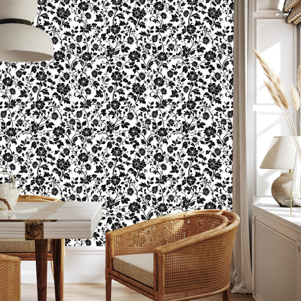 Wallpaper Black and White Flowers Gray and Graphite for Living Room and Bedroom 50x1000