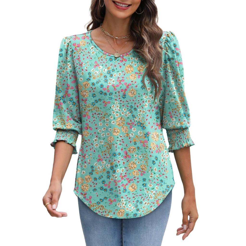 Women's Clothing, Spring, Loose, Casual, Printed, Seven Quarter Sleeves, Round Neck, T-shirt, Top