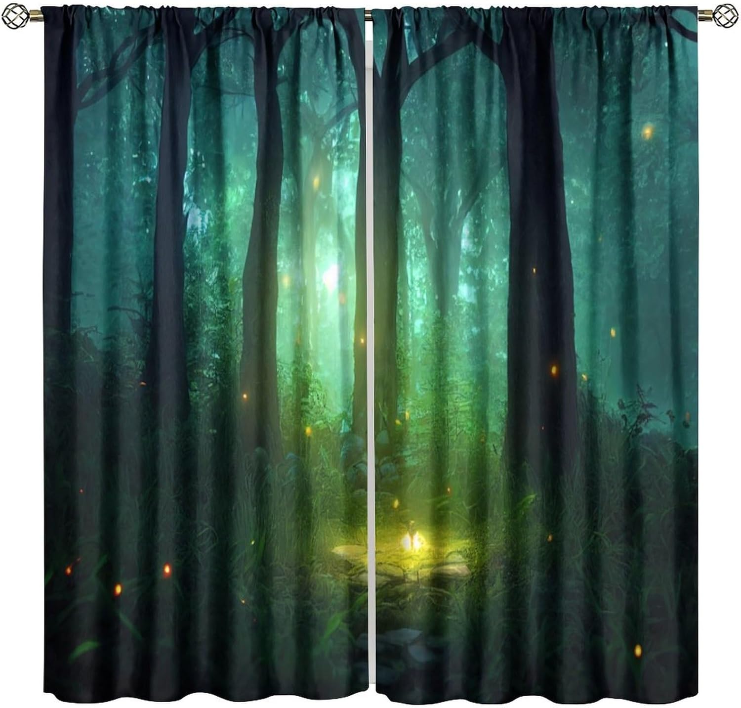 Fantasy Magic Forest Curtains, Night Gothic Mist Landscape Fireflies Grass Lights Dreamy Foggy Forest Window Treatments Drapes f 60×150cm