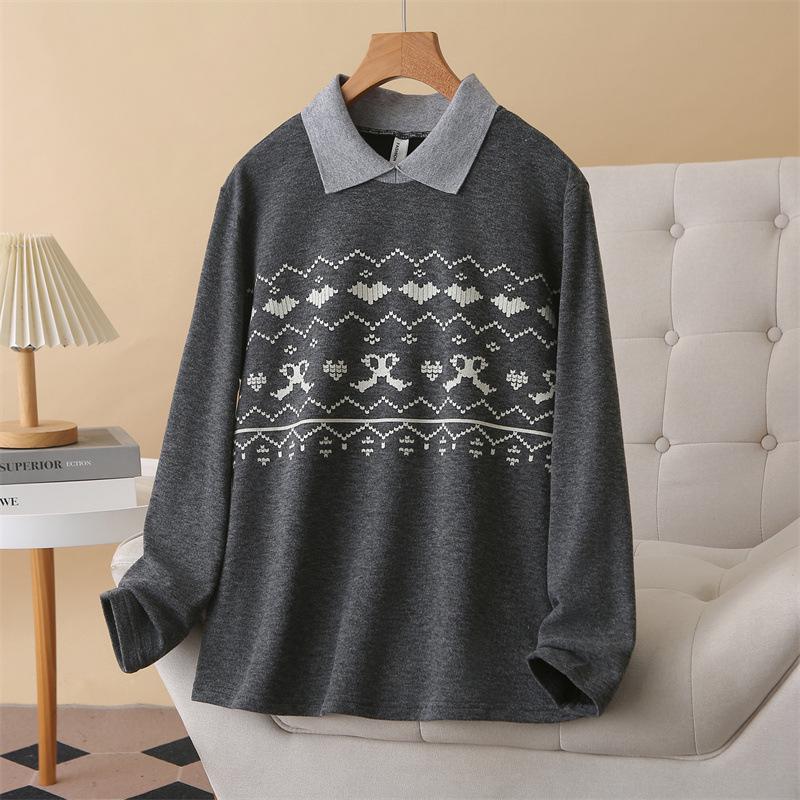 

2025 Autumn/Winter Plus Size Printed Plush Shirt for Women, Thickened Long Sleeve Polo Collar Fleece Top 2XL темно-сірий