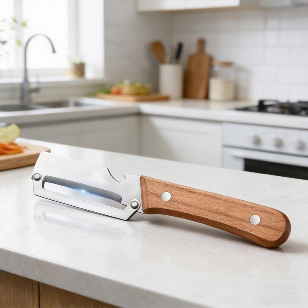 Stainless Steel Blade Vegetable Peeler with Ergonomic Wooden Handle for Efficient Fruit and Vegetable Preparation