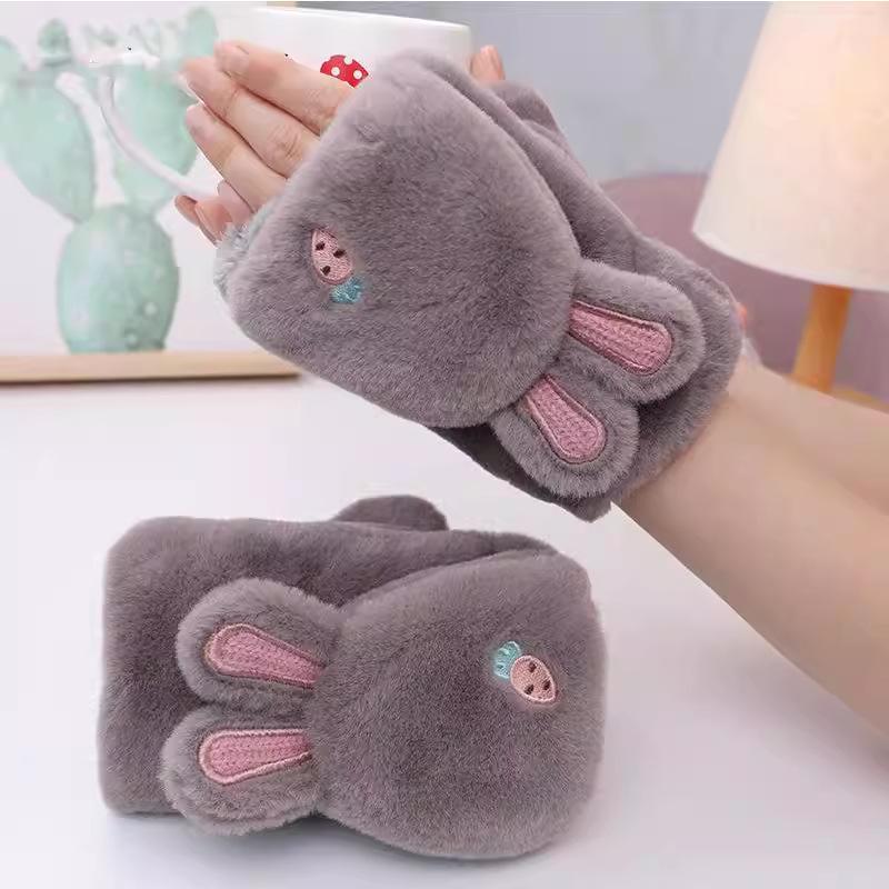 Rabbit Ears Half-finger Gloves Korean Version of Student Warm Cute Plush Flip Cartoon Plush Thickened Gloves Female