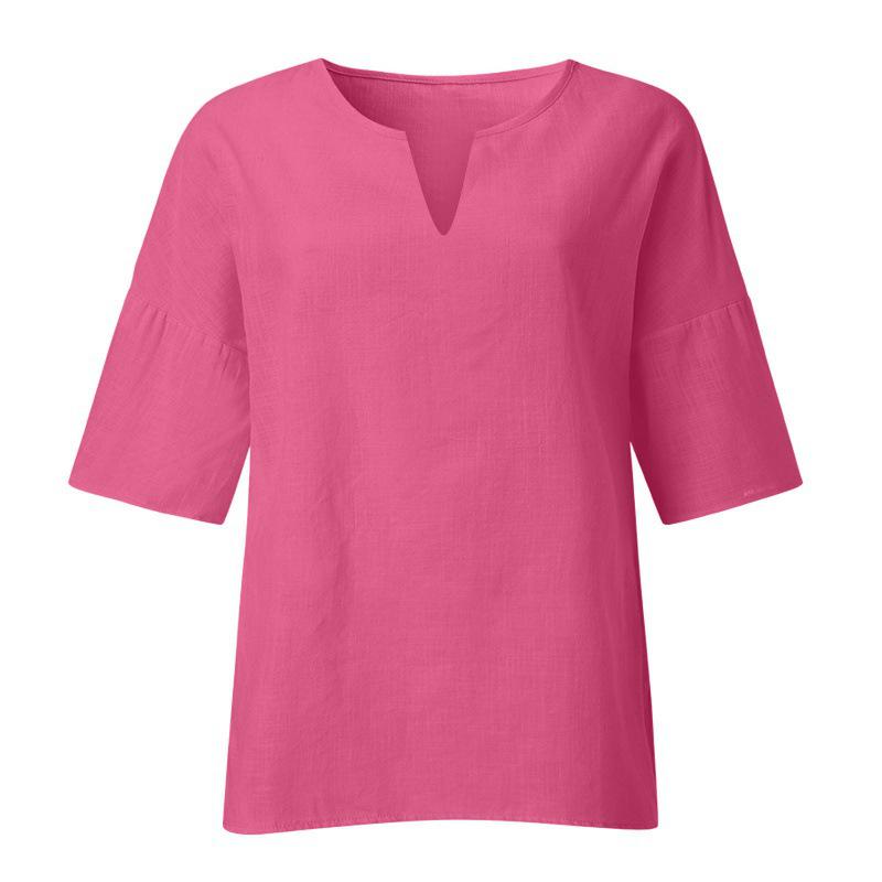 

Women s Plus Size V-Neck Cotton Linen Top with Seven-Sleeve Slit Design - Ideal for Spring, Summer, and Autumn XL рожевий червоний колір
