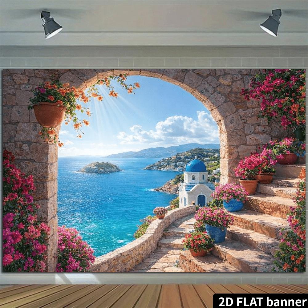 2D planar stone-step blue-roofed church with sea-view background fabric. Santorini style theme featuring winding stone steps.
