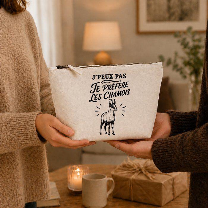 Trousse Beige J’peux pas je préfère les Chamois J'peux pas minimaliste | Trousse de Toilette en Coton 3 L avec Zip Métal et Fond