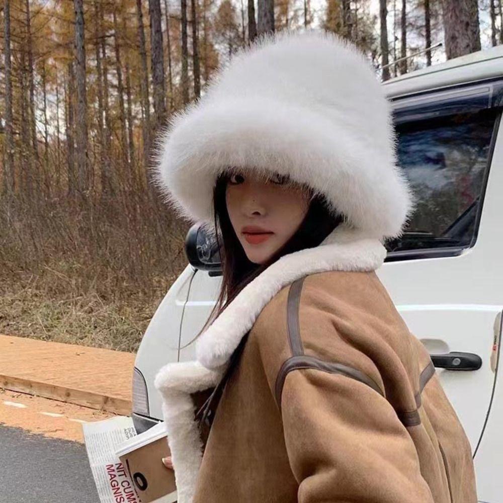 Harajuku Fluffy Fur Fisherman Hat Imitation Fur Luxury Plush Hat Retro Winter Fluffy Hat  Outdoor