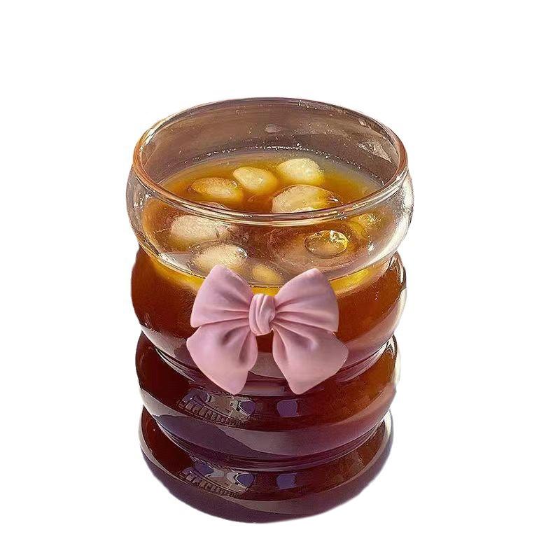 1PCS, Girls Bow Tie High Value Coffee Glass Cups Ins Wind Milk Tea Cups Cute Wind Girly Heart Household Drink Cold Drinks