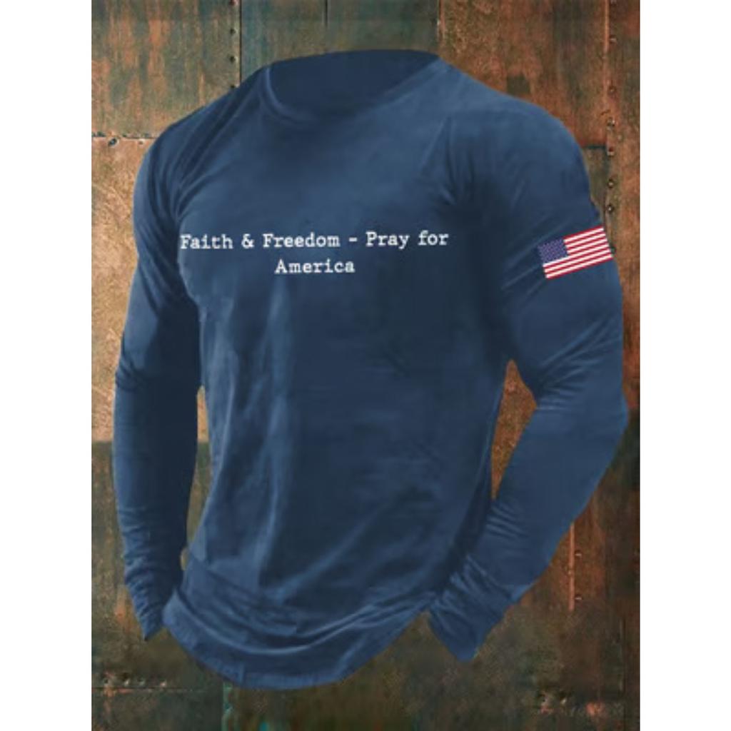 Spring and Autumn Round Neck American Flag Pattern 3D Printed Top Fashionable Casual Minimalist Long Sleeved Men's T-shirts