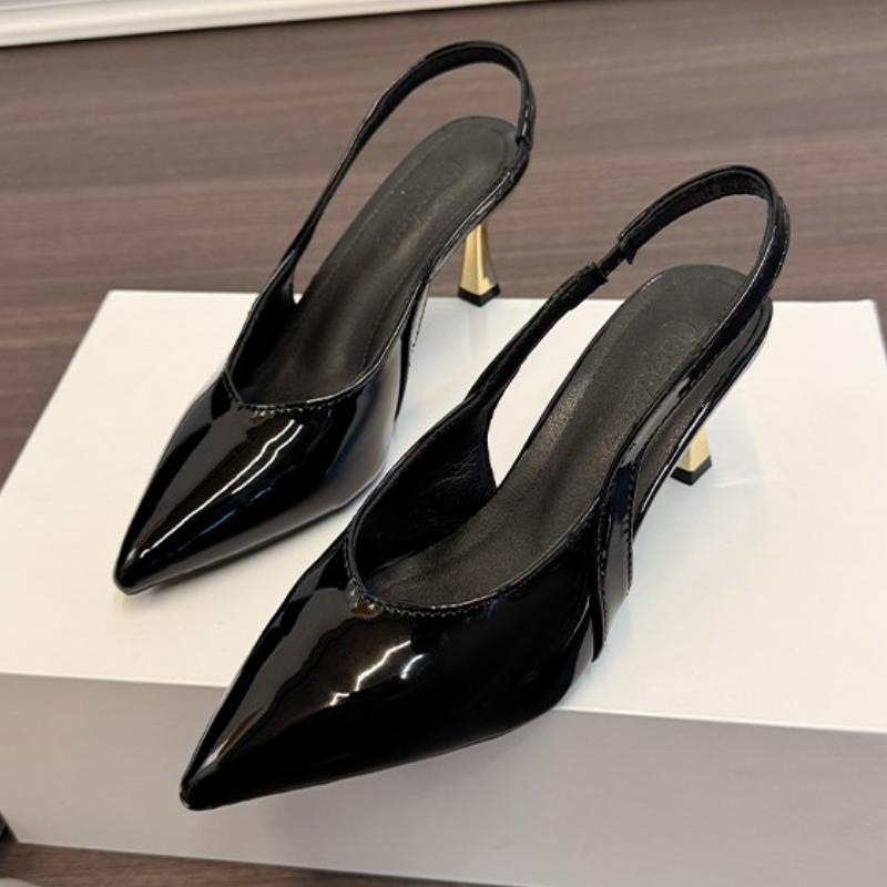 Fashion Women 7cm High Heels Retro Streetwear  Sandles Lady Daily Work Slingback Strap Elastic Mid Heels Glossy Leather Sandals