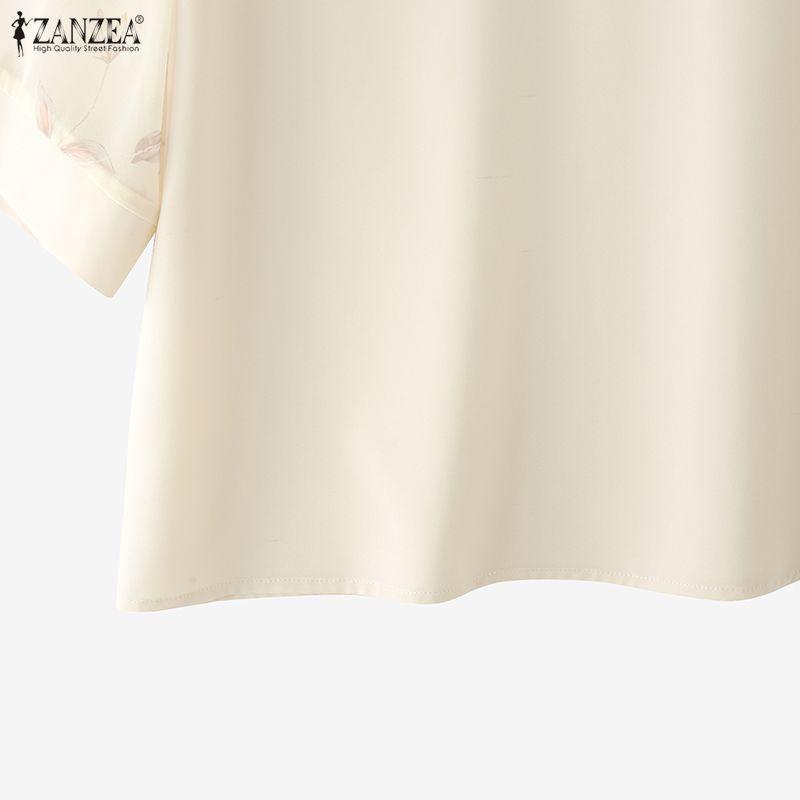 ZANZEA Women Casual Print Splice Short Sleeve Loose V-Neck Blouse
