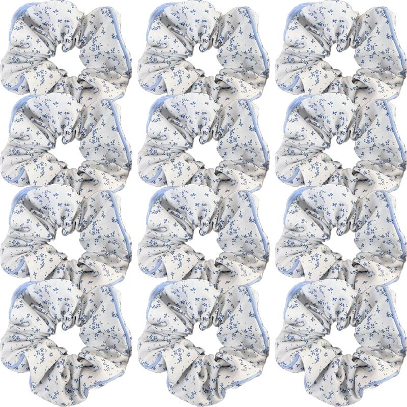 Sea Salt Blue Polka Dot Floral Plaid Large Hair Scrunchie Sweet and Versatile Fabric Hair Tie Hair Accessory
