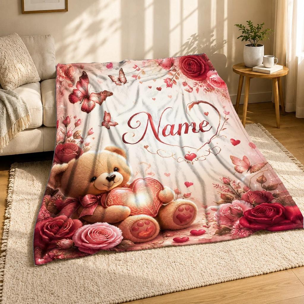 Teddy Bear Name Heart Coral Fleece Blanket Personalized Decor