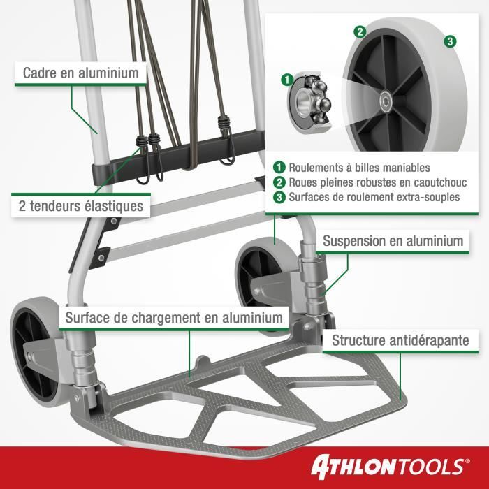 Diable pliant - athlon tools - aluminium - charge lourde 150 kg - roues grandes - poignée télescopique 115 cm