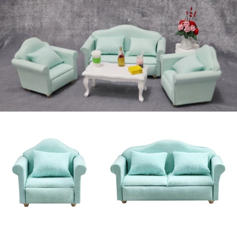 Living Room Sofa Set 1/12 Scale Wooden Base Cloth Covered Mini Furniture for Doll House Accessories and Collectibles