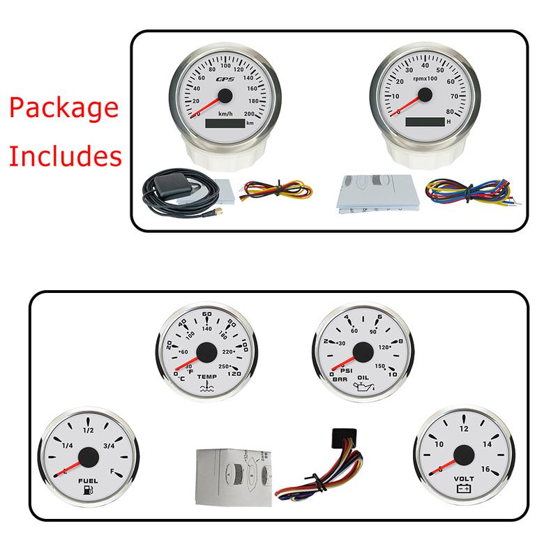 ELING 6 Gauge Set 85mm 200km/h 160MPH GPS Speedometer Tachometer 52mm 0-120℃ Water Temp Oil Pressure Fuel Level Voltmeter 12V