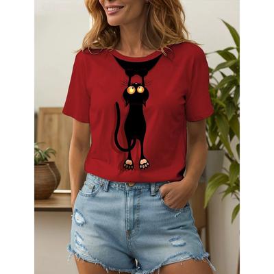Sommermuster Tier Katze Print Mode Klassisch Kurzarm Rundhals Top Übergroße Damenbekleidung