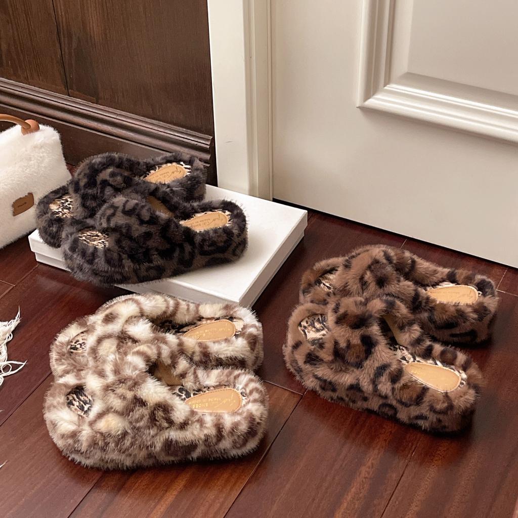 Leopard Print Thick Bottom Heightening Fluffy Slippers Women's Wear 2025 New Autumn and Winter Fashion Home Fluffy Cotton Slippers