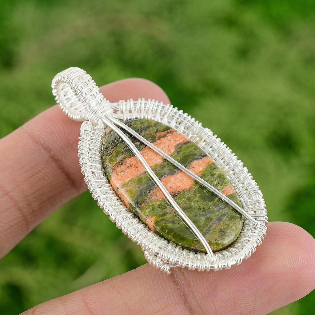 925 Silver Heart Chakra Natural Unakite Engagement Sister Wire Wrapped Pendant